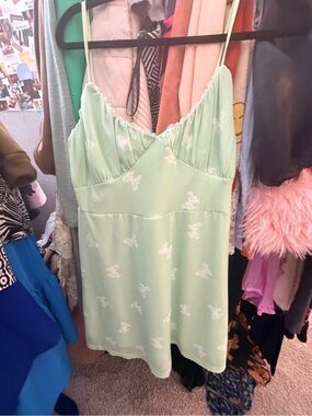 Butter Mint Green Mini Dress with White Embroidery